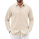 Five men's casual outfits featuring neutral colored tops and dark pants.