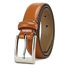 Brown leather belt with silver buckle shown from different angles.