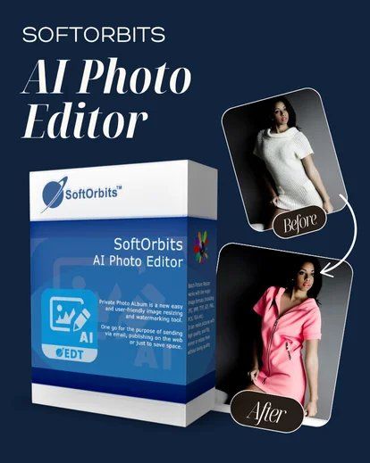 SoftOrbits AI Photo Editor software package boxes and interface mockups shown in blue and white design.