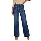 Dark blue denim jeans shown in various styles and washes.