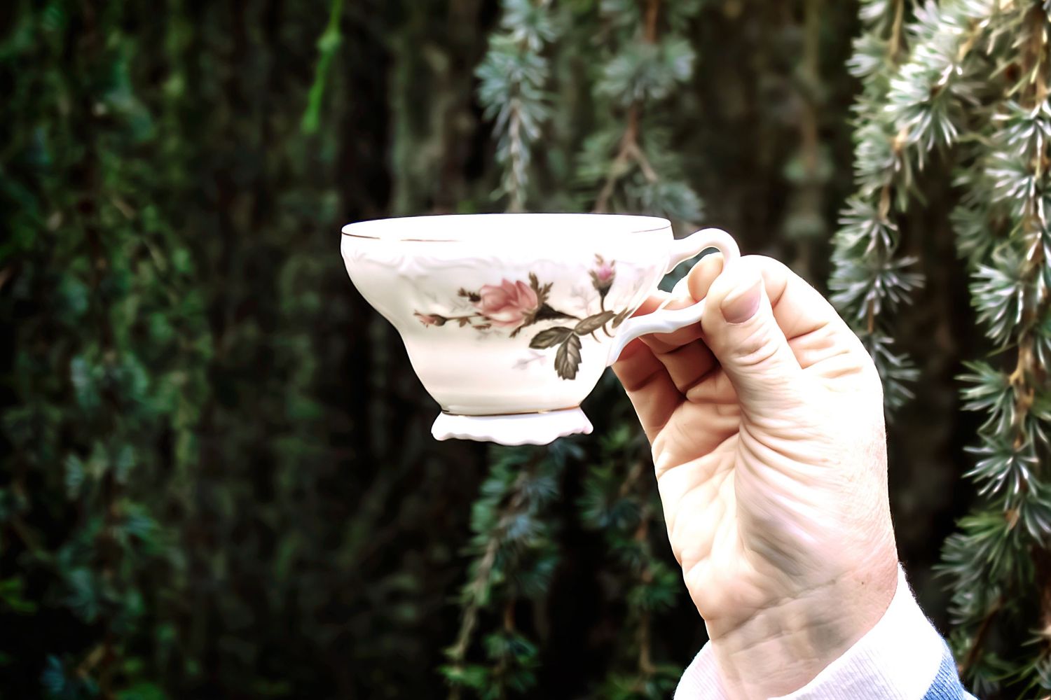 Delicate teacup held against natural garden background in artistic composition.