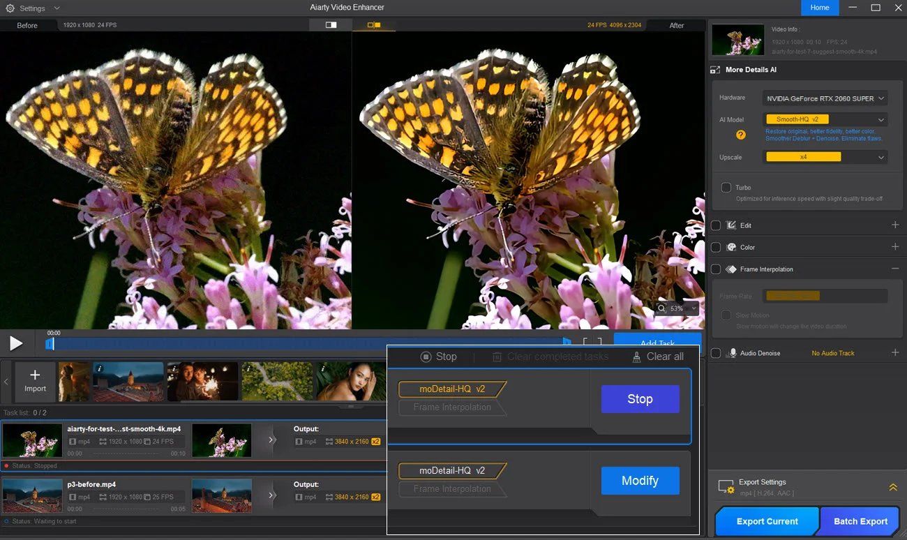Photo editing software interface showing butterfly images with adjustment controls and thumbnail previews.