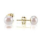 Gold pearl stud earrings shown in multiple styles and angles.