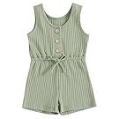 Set of sage green striped children's clothing items including vests and rompers.