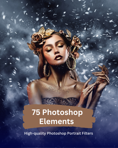 Dramatic portrait with gold crown and falling snow effect showcasing Photoshop elements.
