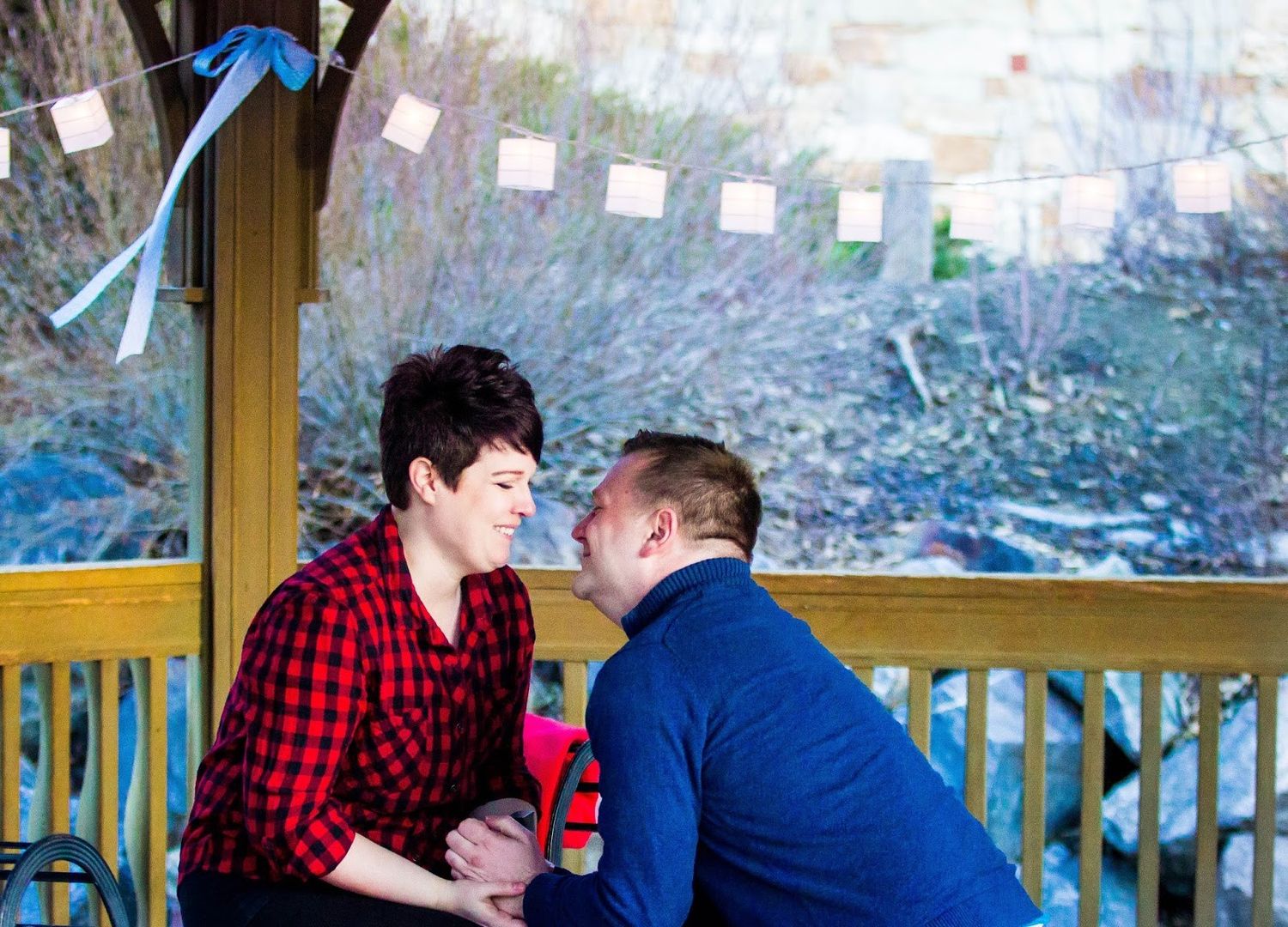 Sequence of intimate portraits taken on a rustic wooden porch with string lights.