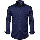 Navy blue button-down dress shirts displayed in a row showing different angles and styling options.