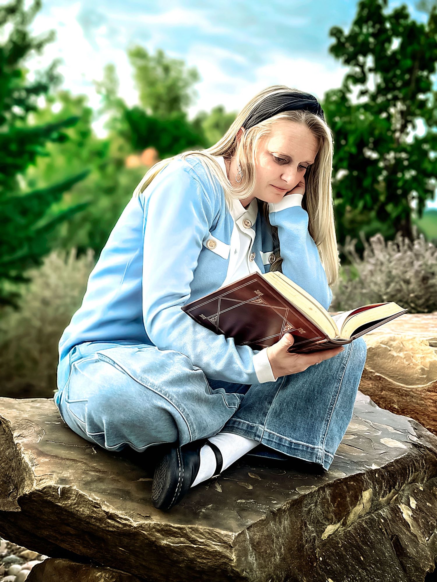 Person in denim and blue top reads book while lying on stone surface outdoors.