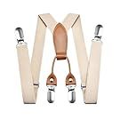 Beige suspenders with leather details shown from multiple views.