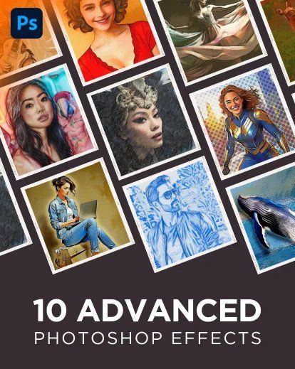 Grid layout showcasing various advanced Photoshop effects including portraits and artistic transformations.