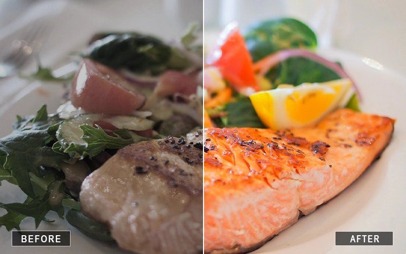 Before and after food photography of cooked salmon dishes demonstrating photo editing effects.