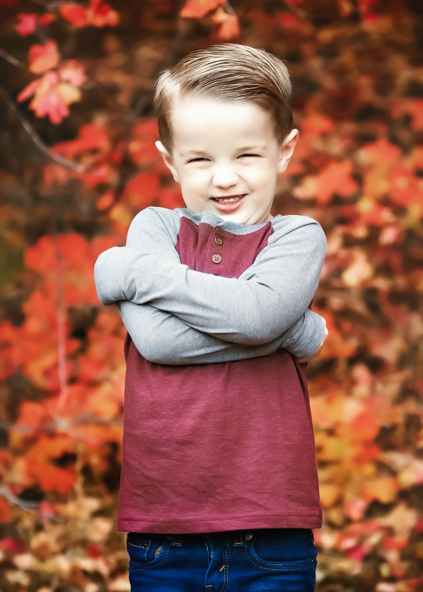 Portrait of young child in burgundy and gray shirt against fall leaves background.
