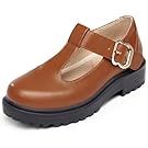 Brown leather mary jane flats with buckle strap shown from multiple angles.