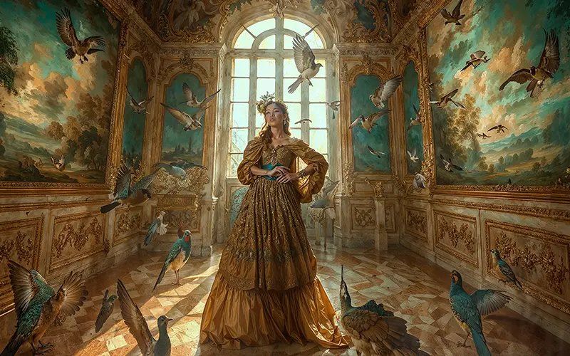 Panoramic fantasy artwork of an ornate palace interior with arched windows and detailed murals.