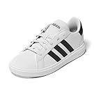 White Adidas sneakers with black stripes displayed in multiple views.