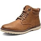 Collection of brown leather casual boots and shoes arranged in a horizontal line.