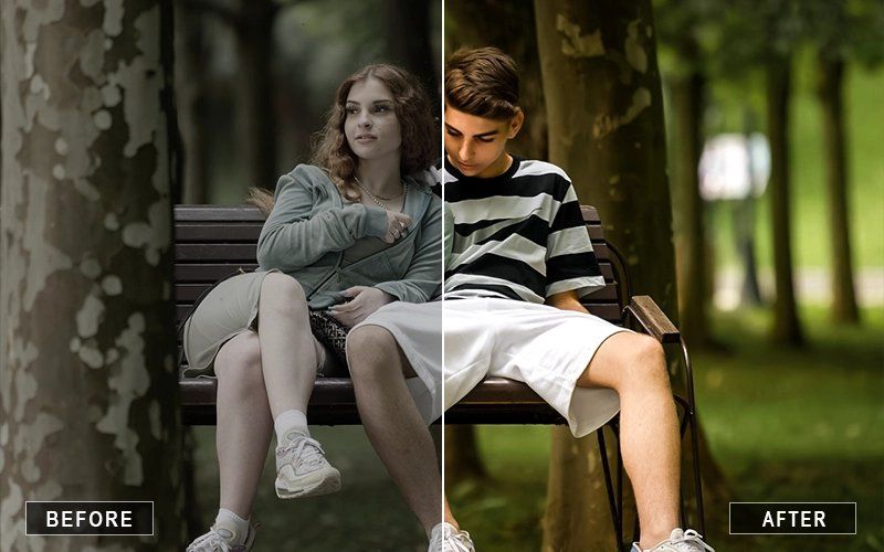 Series of outdoor portrait photography presets showing before and after effects.