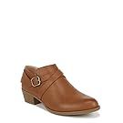 Brown leather ankle boots with buckle detail shown from different angles.