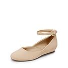 Nude ballet flats with ankle strap and round toe design.