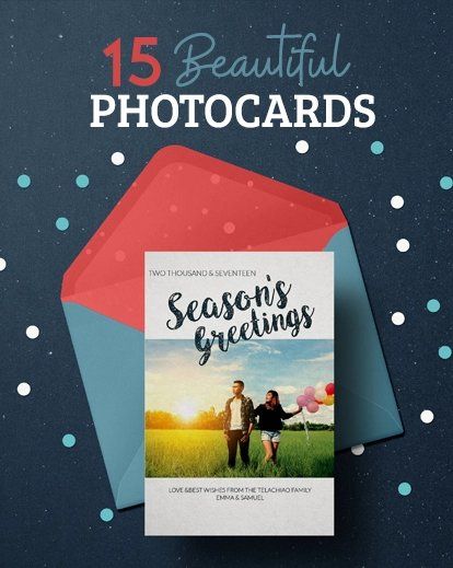 Collection of seasonal photo cards with text overlays on a dark blue background with snow effects.