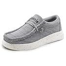 Gray canvas slip-on sneakers displayed from different viewing angles.