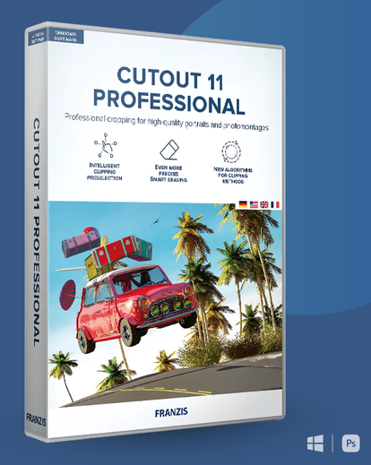 Product packaging mockup for Cutout 11 Professional software showing red car and palm trees.