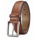 Collection of brown leather belts with silver buckles shown in different styles.