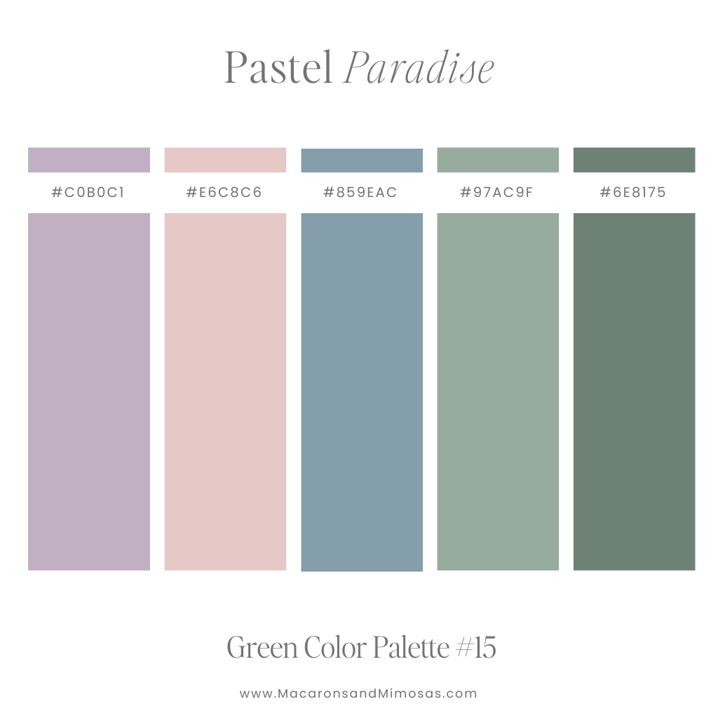 Pastel color palette featuring muted green, purple, and pink tones.