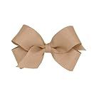 Tan satin hair bow with classic tailored shape.