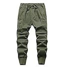 Olive green jogger pants with elastic waistband shown from multiple angles.