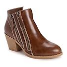 Brown leather ankle boots with stacked heel and side zipper detail.