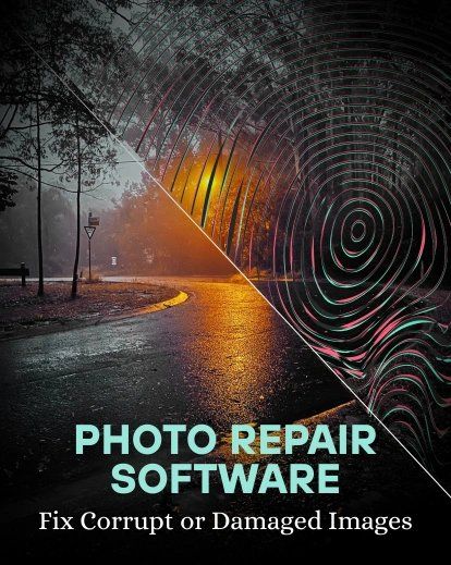 A photo repair software interface showing circular ripple effects and glowing orange light on a dark background.