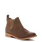 Brown suede chelsea boots with elastic side panels and low heel.