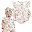 Collection of delicate floral print baby clothing items in pink and white arranged in a horizontal layout.