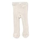 White knit baby clothing items arranged in a horizontal display.