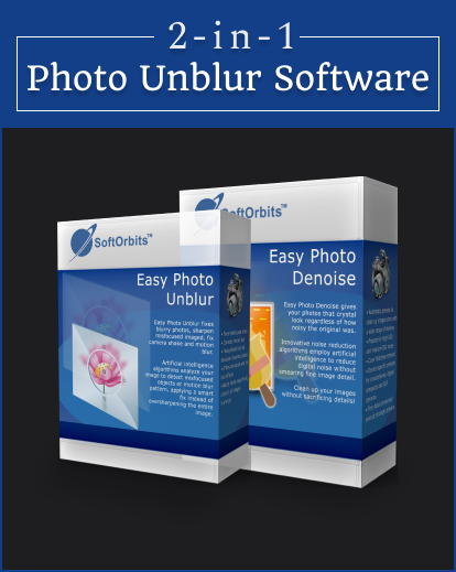 Software product boxes for Easy Photo image editing and denoise tools displayed in a row against dark backgrounds.