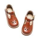 Brown leather mary jane shoes with cat face design and ankle strap.