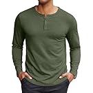 Olive green long sleeve henley shirts displayed from multiple angles on light background.