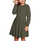 Olive green long sleeve babydoll dress with ruffle hem and tie waist detail shown on model.