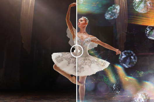 A ballerina in a white tutu performs an elegant pose on stage with ethereal lighting and floating bubbles in the background.