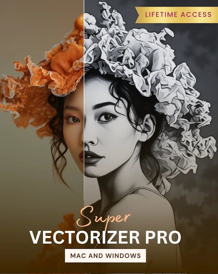 Artistic black and white portrait with orange smoke effects and Vectorizer Pro text overlay for Mac and Windows.