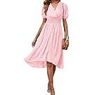 Collection of floral pink dresses arranged in a horizontal display.