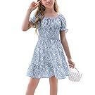 Light blue lace dresses displayed in a row showing different neckline styles.