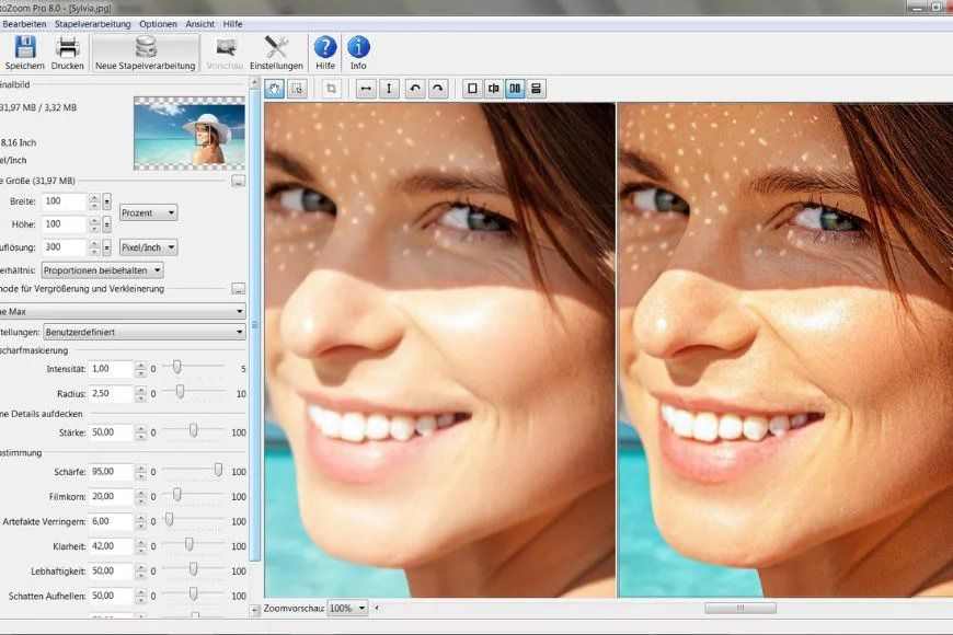 Photo editing software interface showing before and after portrait retouching.