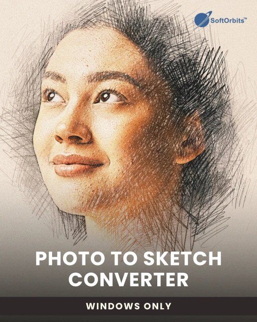 A black and white sketch-style portrait with orange accents shows an artistic photo-to-sketch conversion effect.