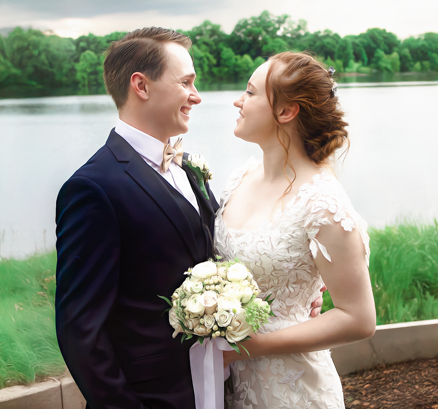 Romantic wedding couple poses together outdoors with white floral bouquet in a natural garden setting.