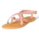 Pink and tan flat sandals with ankle straps displayed in multiple views.
