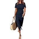 Navy blue midi dress with short sleeves and side pockets in a casual style.