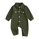 Olive green baby clothing collection with button details and matching accessories.