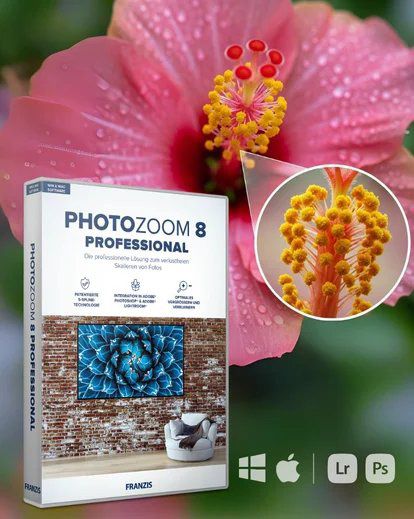 Close-up of pink hibiscus flower with PhotoZoom 8 Professional software interface shown.